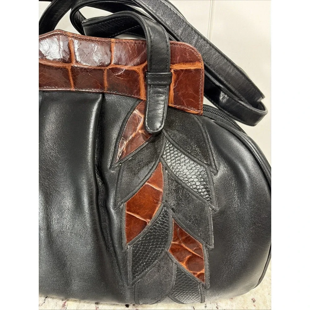 VTG Susan Gail Bellido Spain Black Leather Brown Croc Patchwork Leaf 1980s Bag